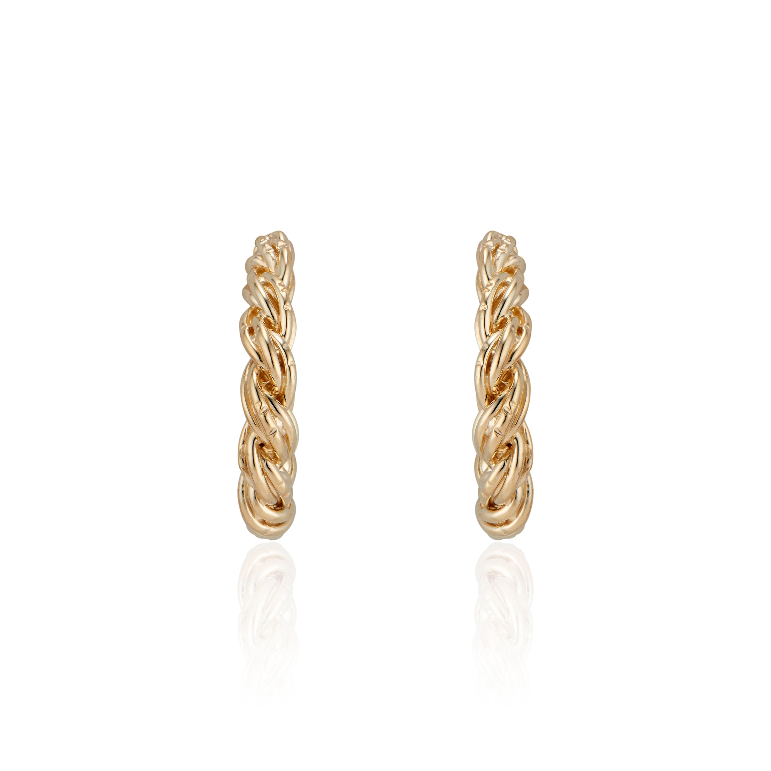 These solid 14K Yellow Zeppelin Gold Hoops feature 14k Gold posts and earnuts and are safe for sensitive ears. Their twisted design gives them the appearance of being heavy, while actually being lightweight. In true Natalie McMillan fashion, there are tiny etching details throughout. 